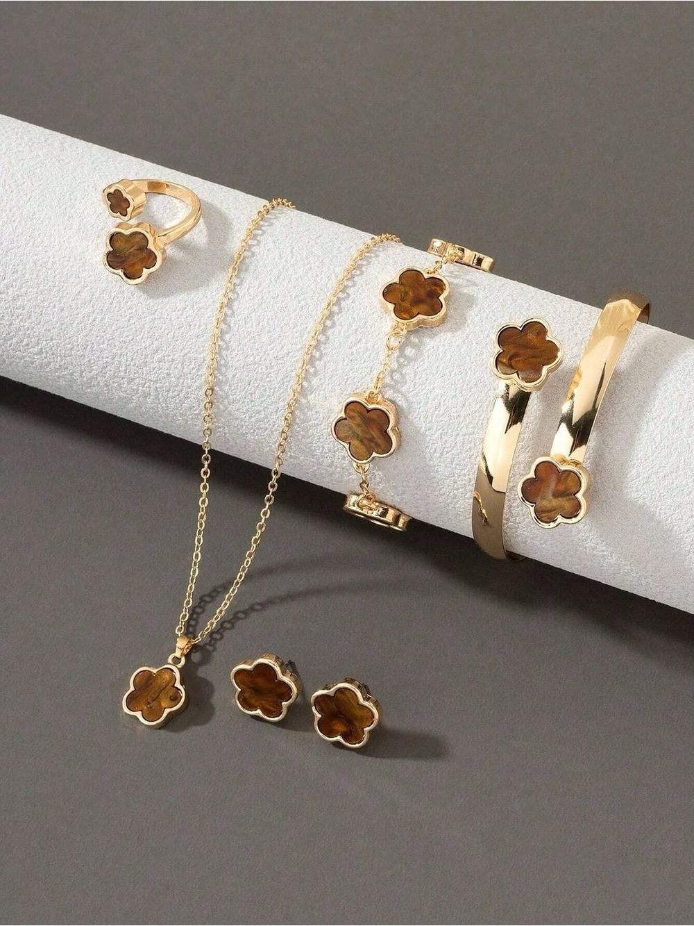 Gold Clover Pendant Necklace and Bracelet Set with Brown Inlay - Women Jewelry